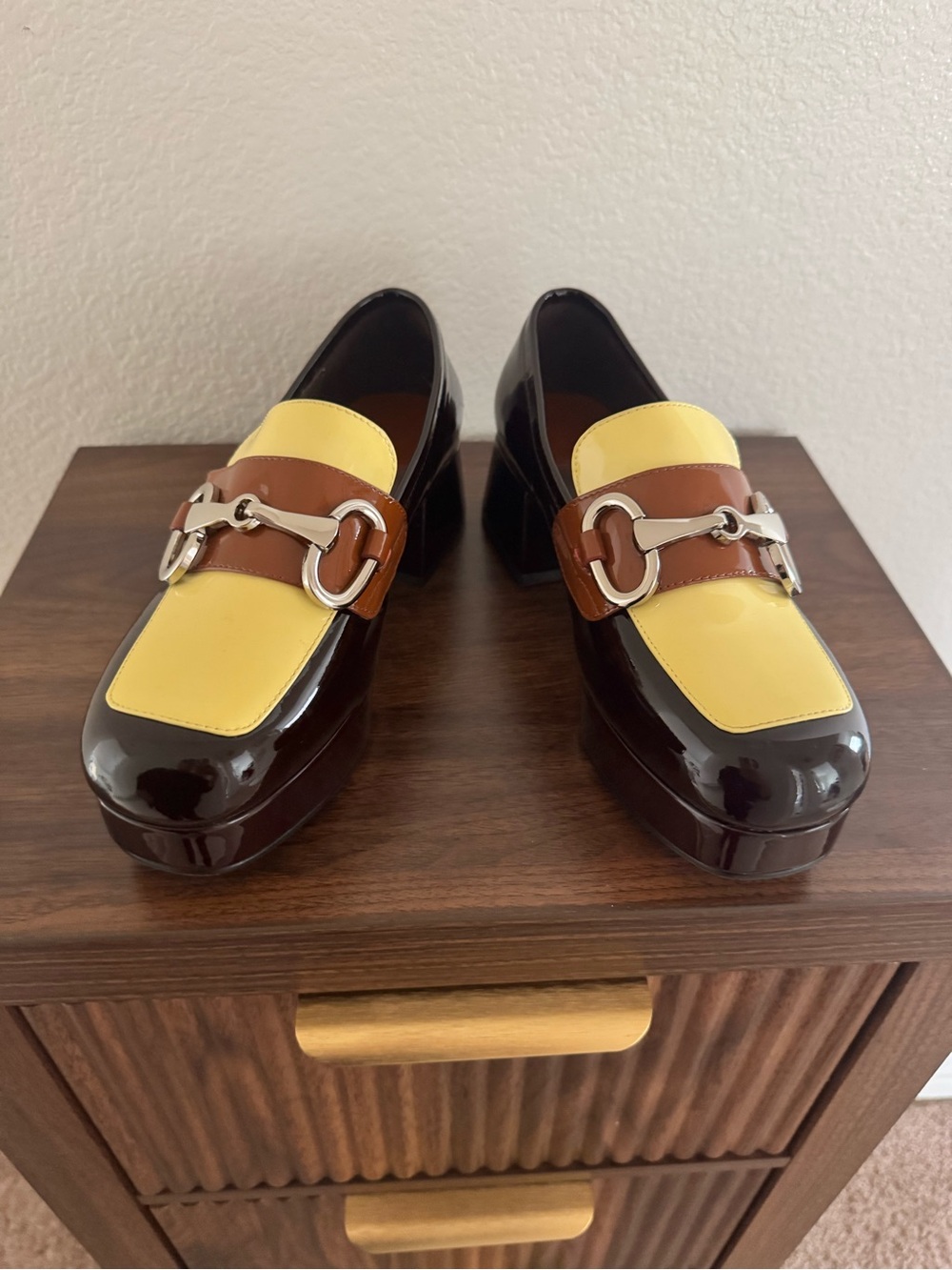 Jeffrey Campbell Student-2 Patent Platform Loafers Brown Yellow 7.5